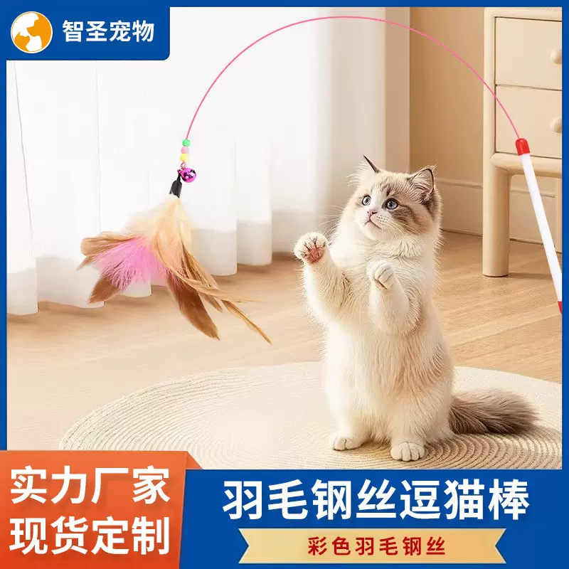 厂家现货钢丝彩色羽毛逗猫棒 猫玩具送铃铛 猫咪玩具宠物用品批发