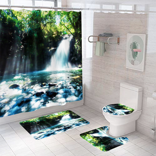 Bathroom Curtain Polyester Waterproof Shower Curtain Set 3D Printed Mountain Water Shower Curtain Bathroom Partition Bathroom Four-piece Set