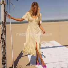 欧美跨境shein2025新款亚马逊女装法式气质印花收腰V领休闲连衣裙