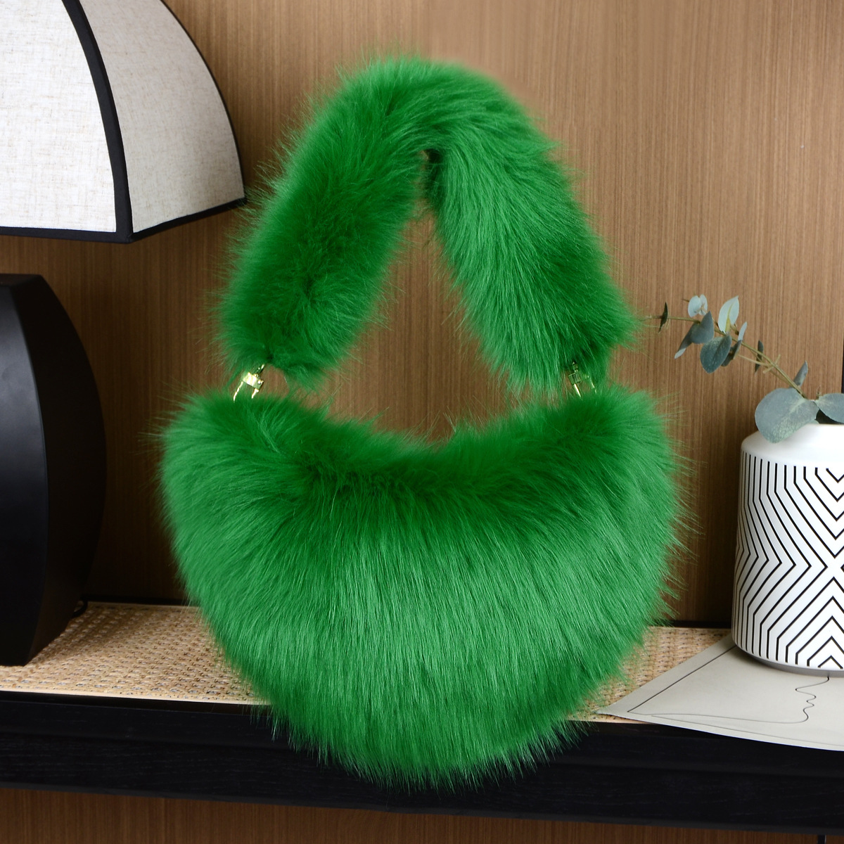 Fashion women's bags solid color plush messenger bag women's wool semi circular dumpling bag handbag_voghion.com