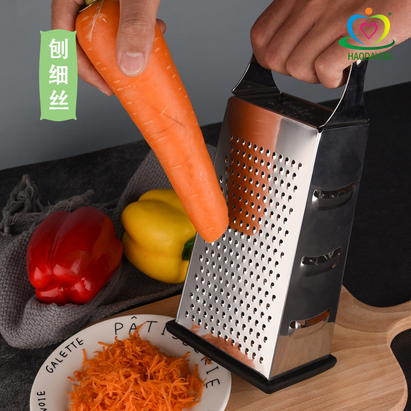 木の柄の野菜のおろし器の多機能の4面の野菜切り器のジャガイモの大根のおろし器の台所のステンレスのおろし器|undefined