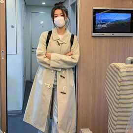 纯色学院风长袖牛角扣日系百搭工装休闲外套春秋新款中长款风衣女