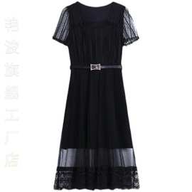 大码女装2024夏新款韩版胖mm显瘦中长款小黑裙减龄蕾丝网纱连衣裙