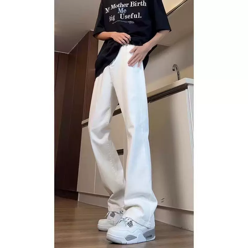 cleanfit白色微喇牛仔裤男女夏痞帅感裤子美式高街vibe喇叭裤浅蓝