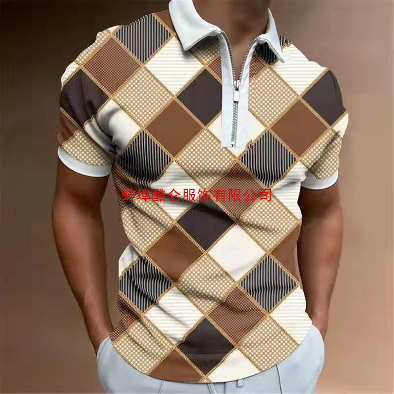 Summer Men's Casual Fashion Zipper Polos Digital Printed Str