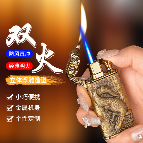 New double flame crocodile head gas lighter metal three-dimensional relief direct conversion open flame lighter wholesale