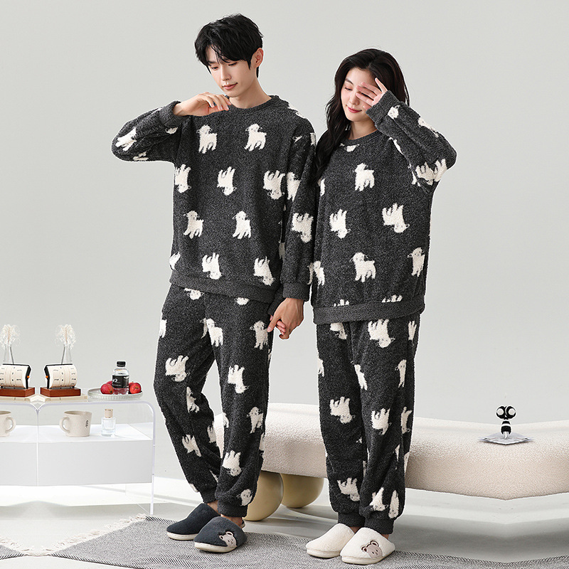 Half Velvet Couple Pajamas, Round Neck, Long Sleeves and Pants, Fleece-Lined, Thickeneded, Soft and Warm, Can Be Worn Outside, Home Wear Set