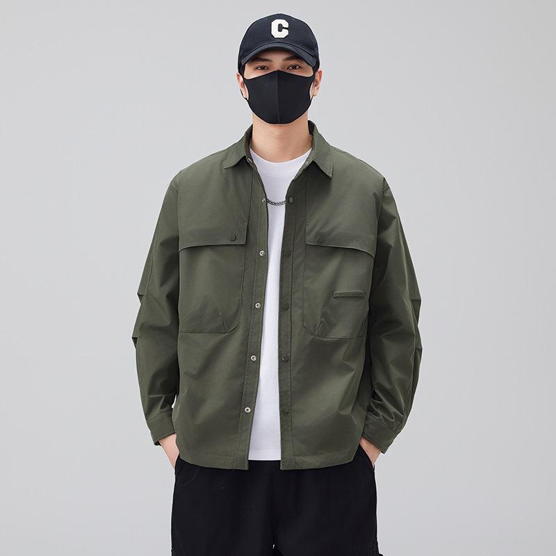 2025 New American Style Olive Jacket Men's Retro Lapel Shirt Fashionable Large Pocket Loose Comfortable Jacket