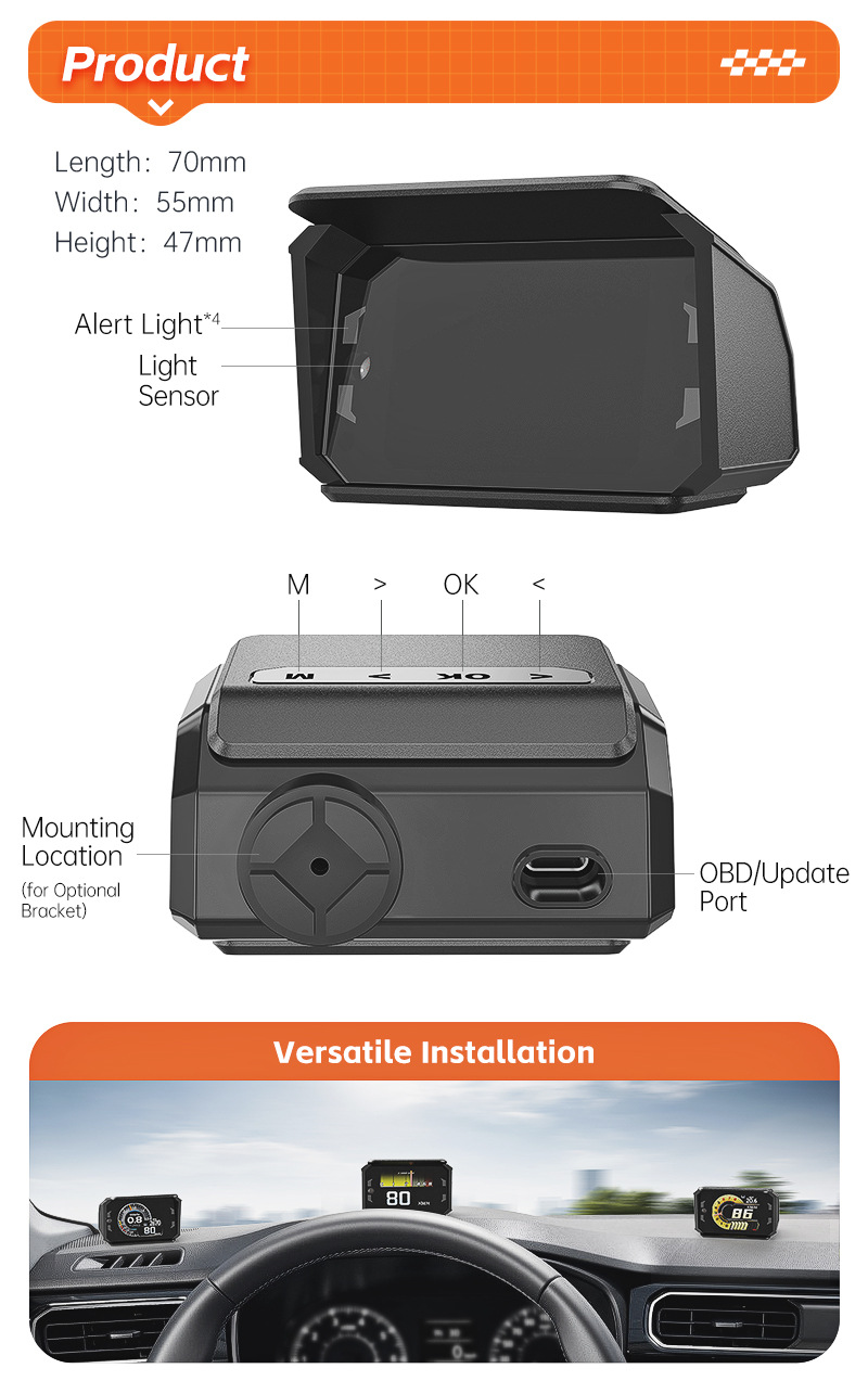 New Hot-Selling Car-Mounted Hud Glare-Free Ghost Shadow Real-Time Automotive Data Analysis Obd High-Definition Lcd Display