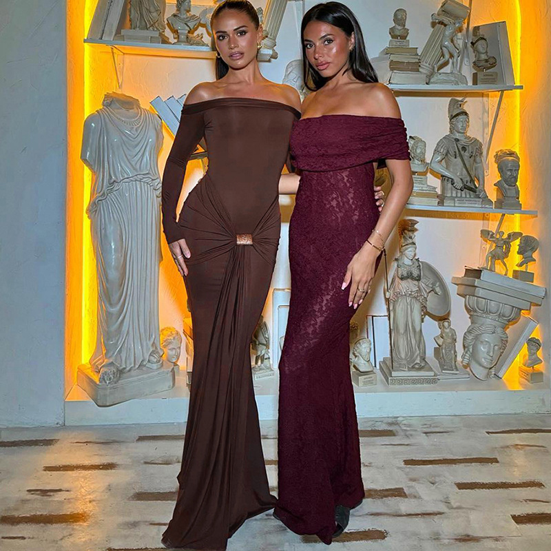 European And American Style Women's Fashion 2024 Autumn Winter New Fashionable Elegant Off-Shoulder Solid Color Long_ecoleips.com
