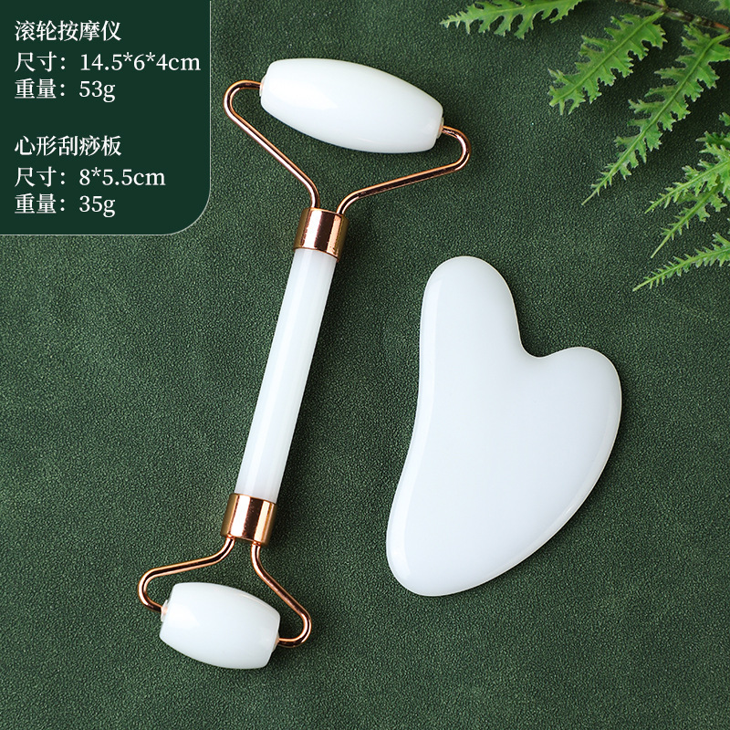 Resina conjunto de masaje de rodillos de doble cabeza no jade en forma de corazón especial para la cara y la cara de todo el cuerpo belleza placa de masaje de cristal de polvo