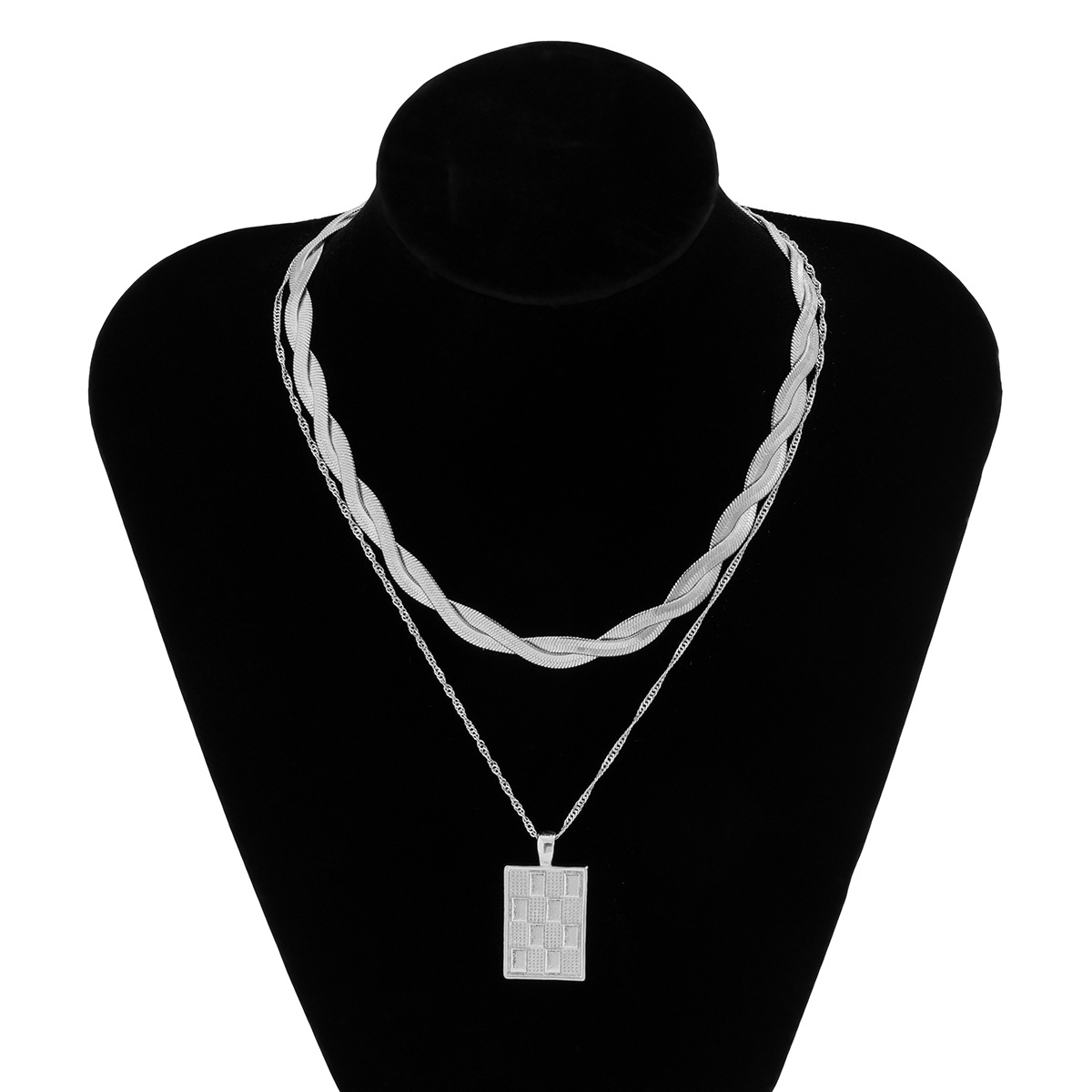 Fashion Square Plaid Double-layer Clavicle Chain Hip Hop Twist Snake Bone Chain Copper Necklace display picture 3