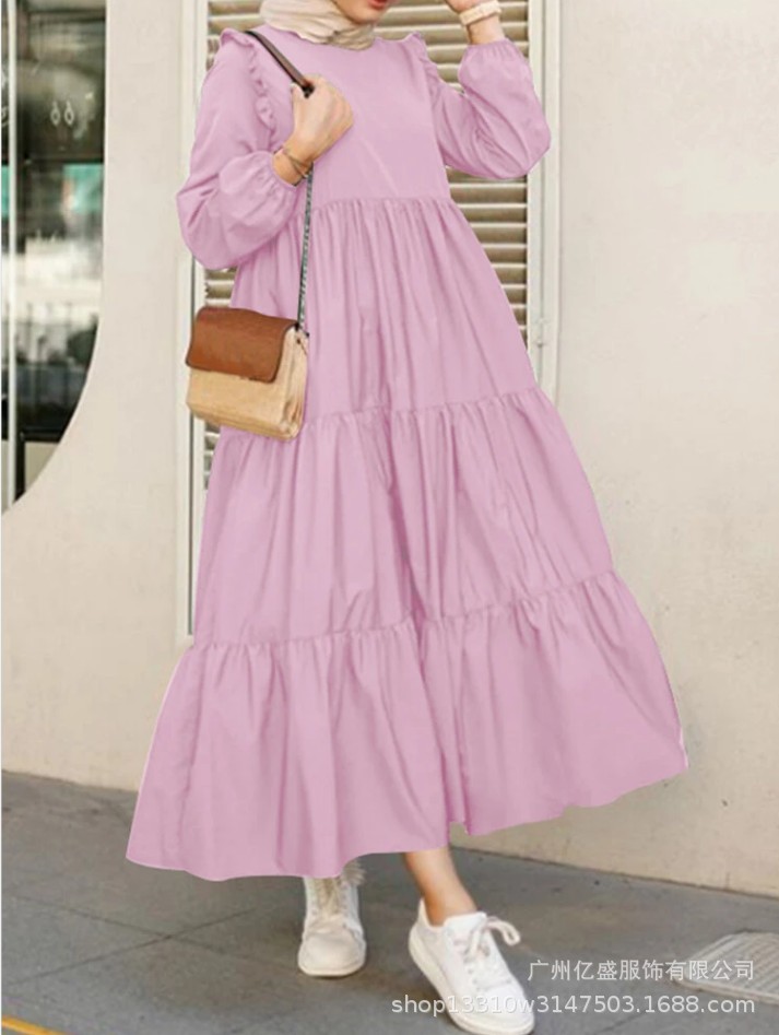 2021 Muslim new lots of fallen leaf sleeves pleated under the pure color round neck long women's large swing dress