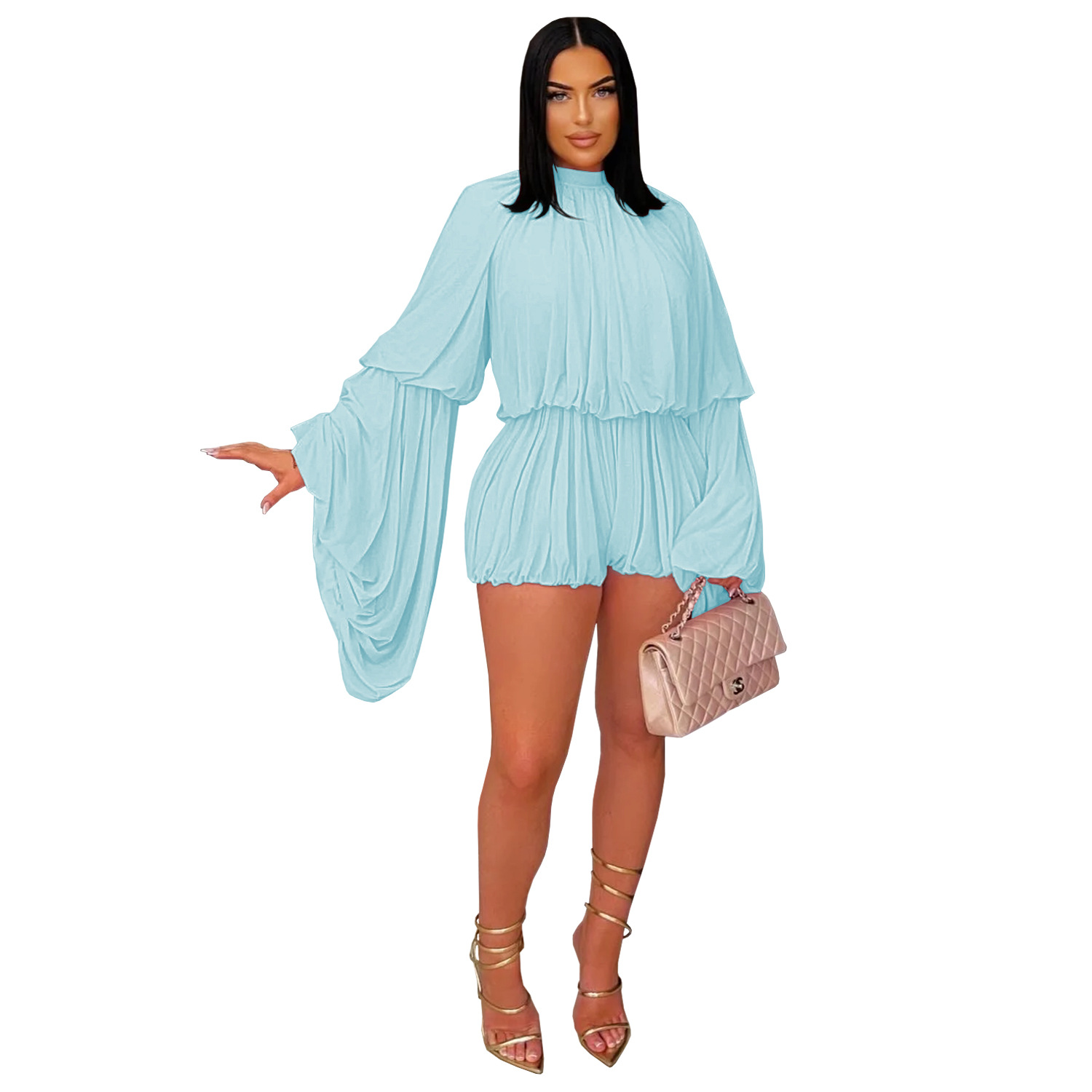 C7432 Mono corto plisado de color sólido, estilo casual, moda europea y americana para mujer, novedad en AliExpress y Amazon