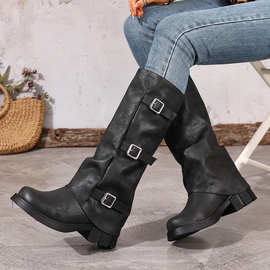 新款美拉德褶皱堆堆棕色皮带扣厚底粗跟高筒西部裤筒靴骑士女靴子