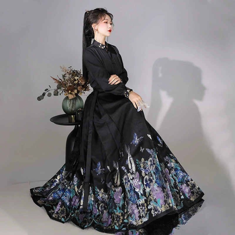 Ханьфу Mucha【Шаг за шагом к расцветке】 для женщин, элементы в стиле династии Мин, рубашка в китайском стиле с воротником-стойкой, юбка с перламутровым узором «лошадиная голова», летний стиль Zen