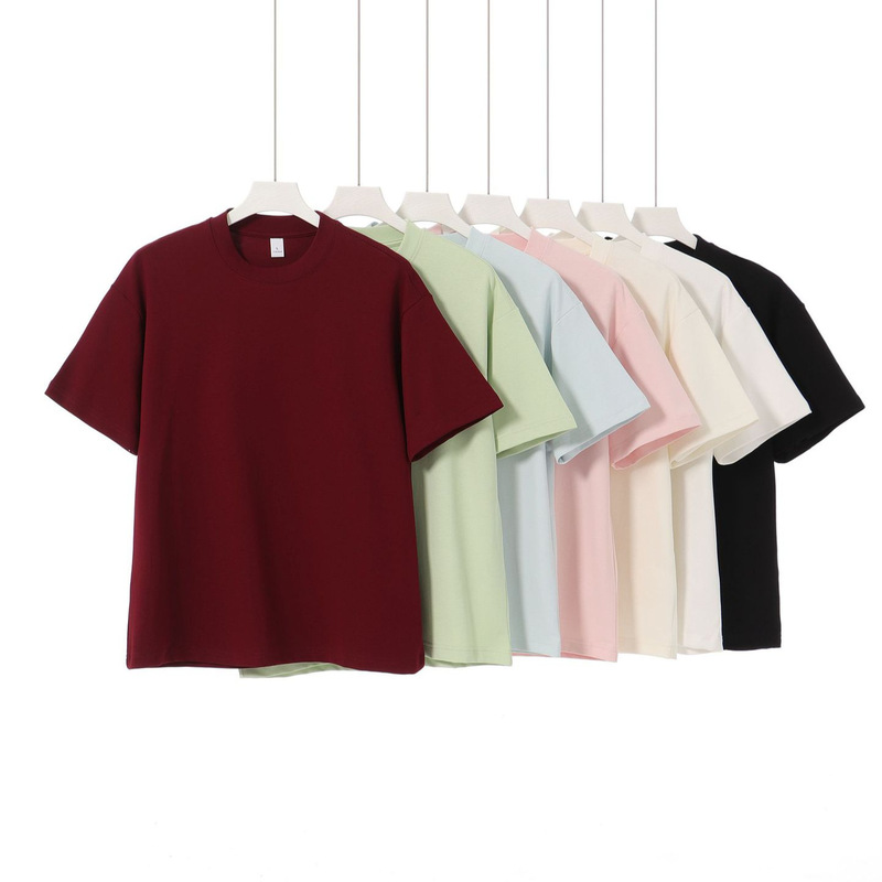 New Solid Color 240g Mercerized Cotton Small Neckline Short-Sleeved T-Shirt for Men, Summer Cool and Breathable Elastic Half-Sleeve for Women
