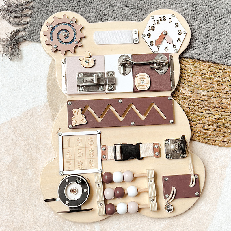 Cross-Border Wooden Children's Montessori Teaching Aids Bear Busy Board Mechanism Unlocking Baby Enlightenment Early Education Educational Toys