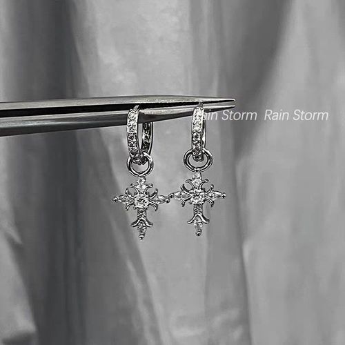 Diamond-encrusted Baroque cross pendant earrings, niche design sense swan flower earrings, exquisite versatile unique earring hooks