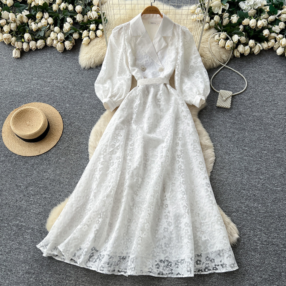 French Style Elegant V Neck Floral Dress, Korean Style, Long Sleeves, Lapel Collar, Fitted Waist, A Line Long Skirt, Sophisticated And Suitable For Commuting._ecoleips.com