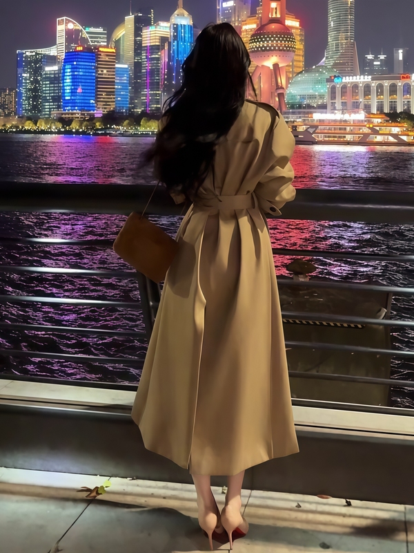 卡其色长款风衣外套女2025秋季新款韩版复古翻领系带收腰大衣|undefined