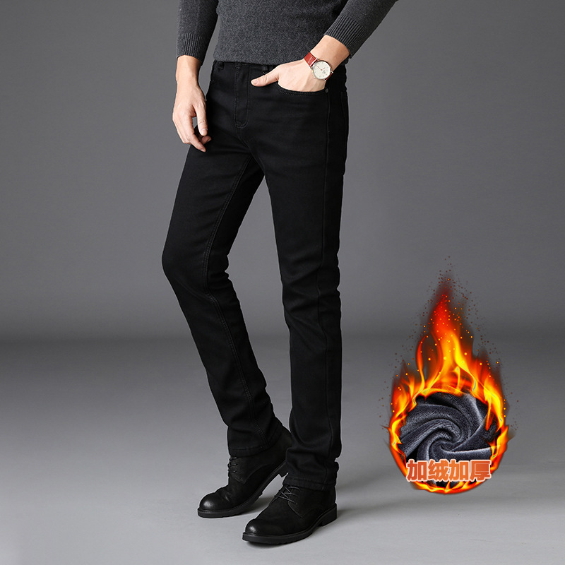 2026 Autumn and Winter New Style Non-Fading Pure Cotton Black Stretch Men's Korean Style Slim Straight Jeans with Fleece Lining and Thickened 2026 Autumn and Winter New Style Non-Fading Pure Cotton Black Stretch Men's Korean Style Slim Straight Jeans with Fleece Lining and Thickened