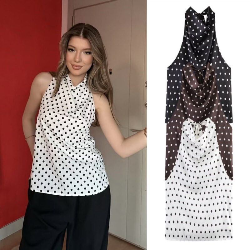 Unizera Women's Clothing 2026 Summer New European and American Style Backless Satin Polka Dot Tie Halter Top for Women Unizera Women's Clothing 2026 Summer New European and American Style Backless Satin Polka Dot Tie Halter Top for Women