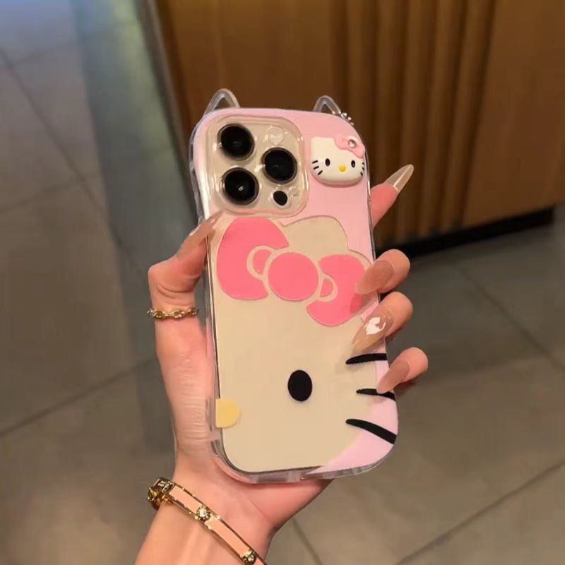 Hollow-Out Half-Face Kt Ears Phone Case Suitable for iPhone 17 Pro Max, 16 Pro Tpu Transparent Fine-Hole Cat Ears