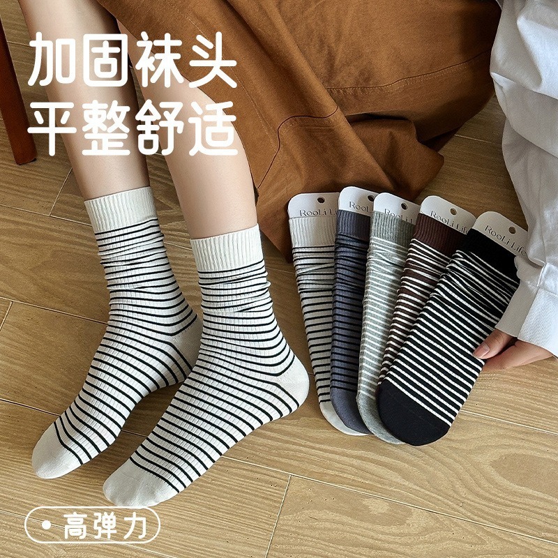 日系条纹堆堆袜秋冬纯棉抗起球无骨中筒袜复古高端百搭诸暨袜子批|undefined