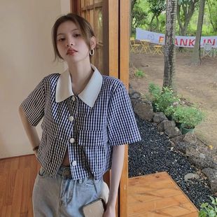 小香风短袖衬衫外套女夏设计感小众衬衣女法式别致polo领短款上衣