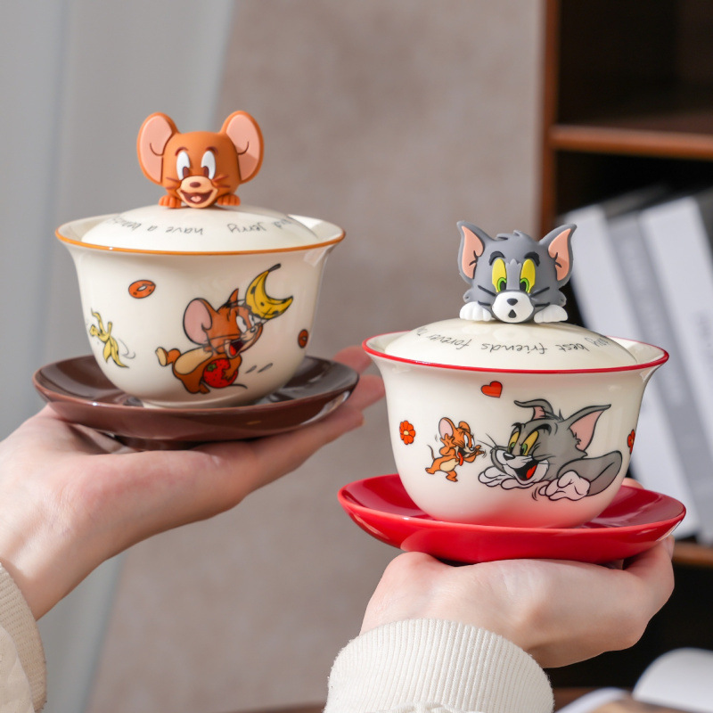 Gato y ratón juego de té doméstico 2025 nuevo tazón de té de cerámica caja de regalo de alto valor de cara para un tazón de taza de té