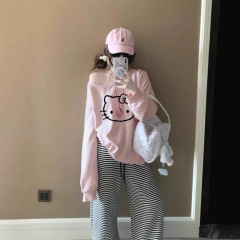 美式kitty印花卡通斜肩卫衣女2025春秋新款可爱公主韩系露肩上衣