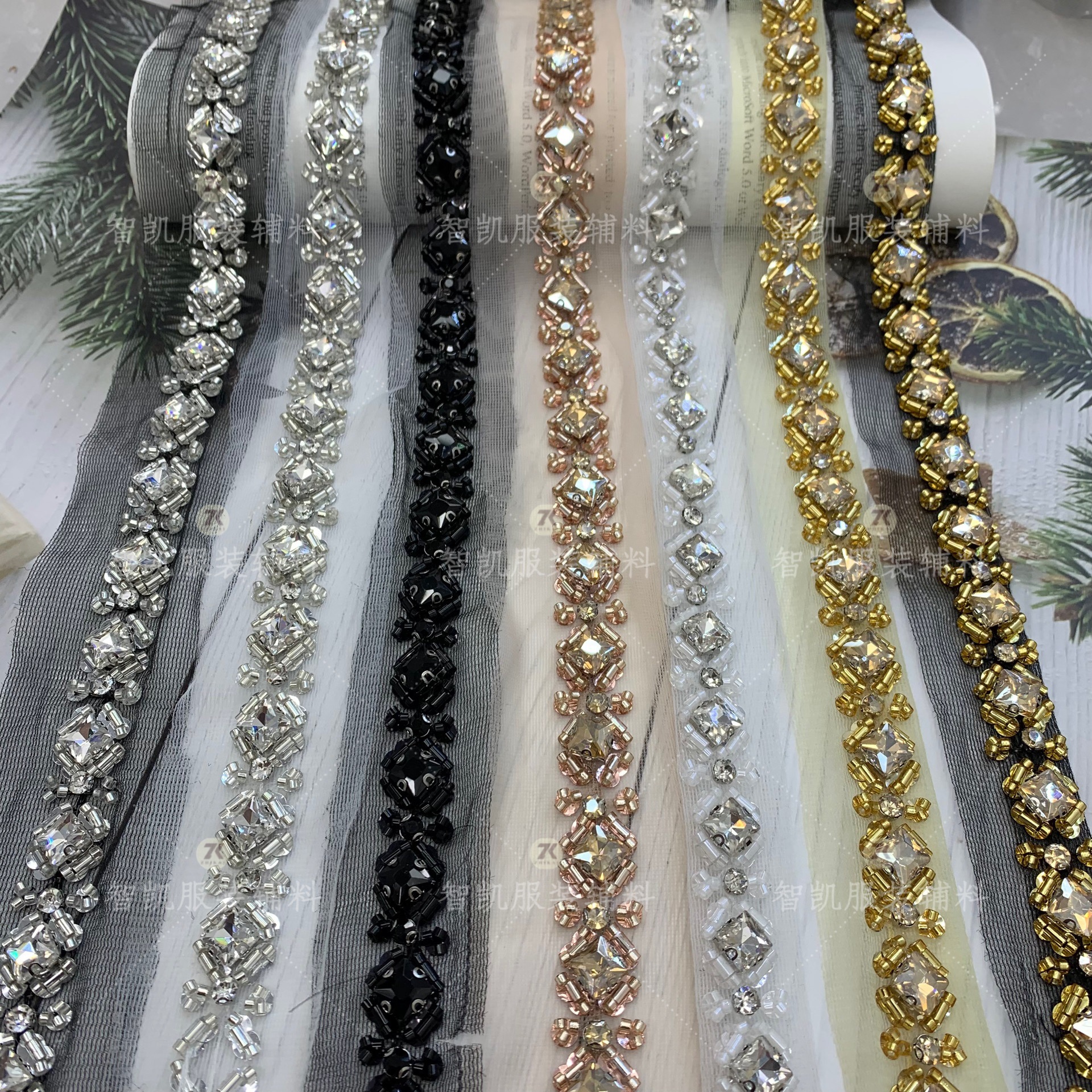 织带重工网纱服装机绣装饰米珠辅料花边衣边蕾丝