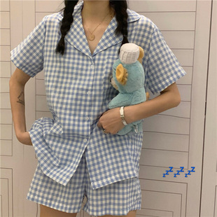 Summer new pajamas women's short-sleeved shorts girl's cardigan sweet cute plaid two-piece Korean style home wear suit