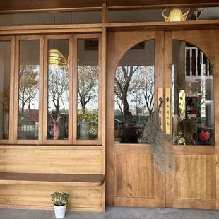 Old Elm Foldable up and down Window Coffee Shop Wooden Door Glass Door Swing Door Arched Shop Door Elm Door