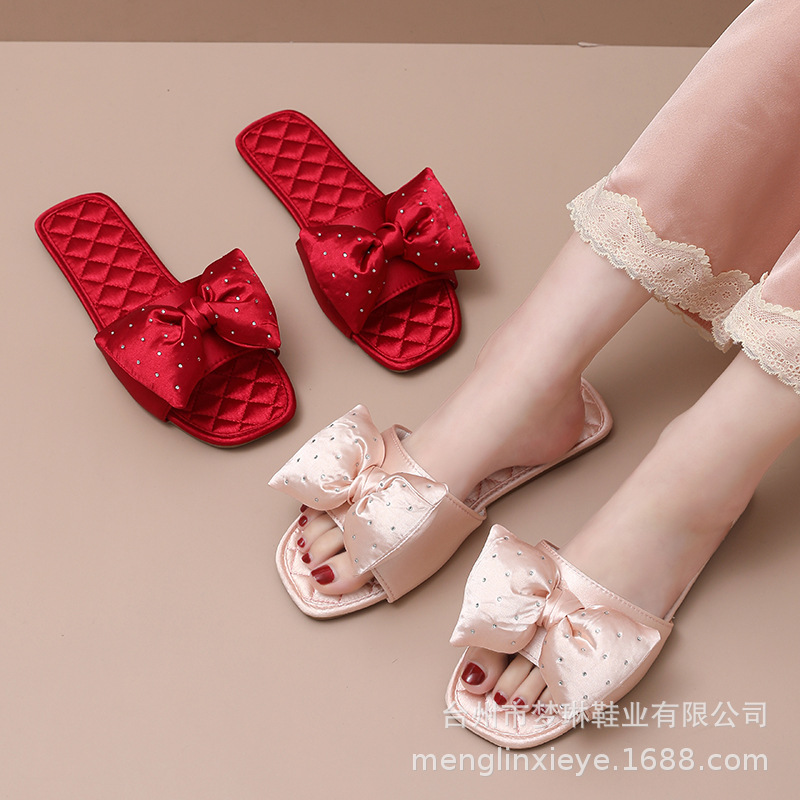2023 New Hot Rhinestone Bow Youth Solid Color Adhesive Shoes Low Heel Daily Flat Rubber Slippers Wedding Bride