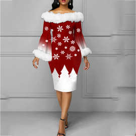 Christmas-themed dress圣诞主题雪花毛领毛边喇叭袖中裙女包臀裙