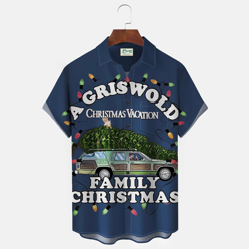 Vintage Christmas Holiday Red Men's Shirt Truck Christmas Tree Cartoon Art Pocket Camp Shirt plus size