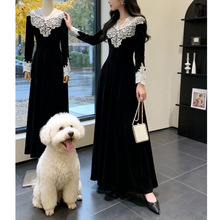 法式赫本宫廷风设计感显瘦晚礼服高级感黑色蕾丝拼接连衣裙女秋冬