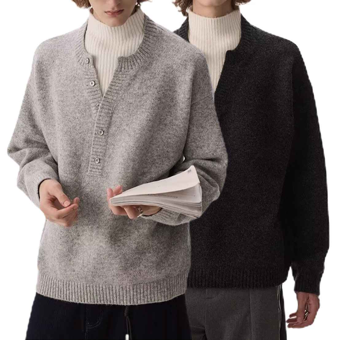 Explosiones transfronterizas de tamaño grande falso de tamaño europeo dos piezas de camisetas de punto de cuello medio alto suéter hombre viejo dinero de la fábrica de botón de moda al por mayor