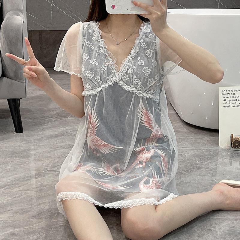 Pijamas de verano malla de hielo seda camisón chica dulce corte estilo grúa cuello en V manga corta vestido MIDI casa delgada