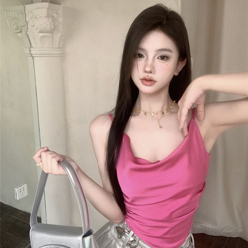 玫紅色吊帶小背心女夏季純欲性感辣妹不規則褶皺修身短款外穿上衣