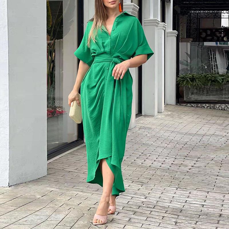 Women's Sheath Dress Elegant V Neck Button Short Sleeve Solid Color Midi Dress Holiday Daily display picture 1