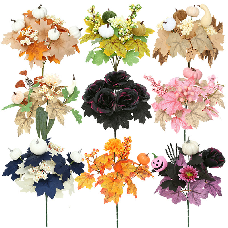 New cross-border artificial autumn bunches of pumpkins for harvest festival decoration, black Halloween artificial flowers for Amazon autumn