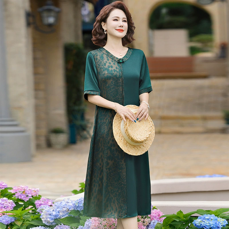 Новое летнее платье для мамы в китайском стиле контрастного цвета с короткими рукавами и v-образным вырезом, длинное элегантное и уменьшающее возраст платье