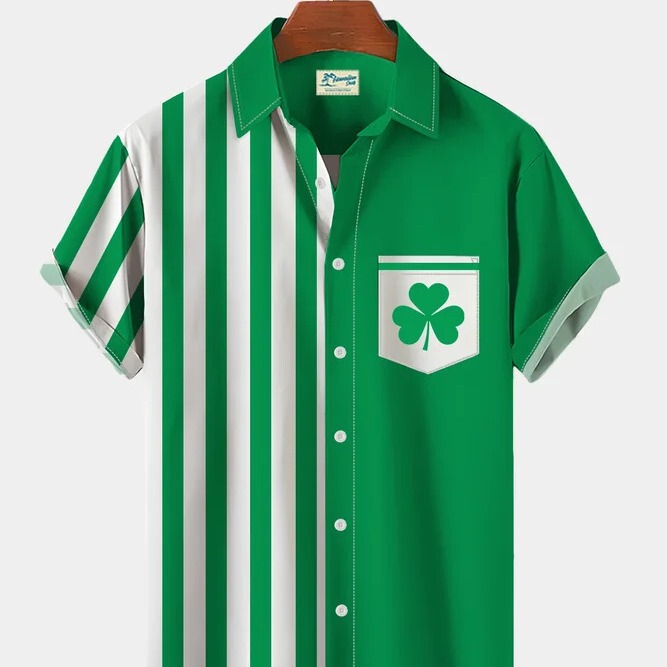 2024 spring and summer vintage printed Hawaiian short-sleeved shirt European size Clover + plant men's shirt top