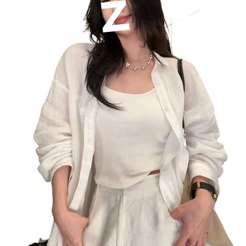 白色亚麻棉麻防晒衬衫外套女夏季薄款外搭衬衣宽松慵懒风气质上衣|undefined