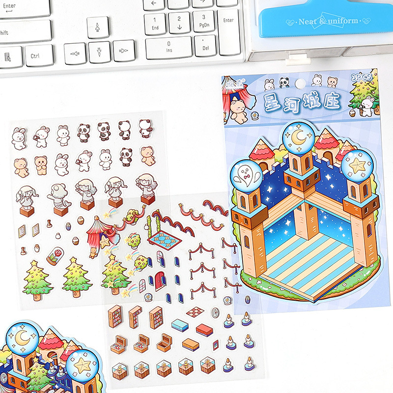 Rainbow Fortress 3D pegatinas impermeables transparentes estereoscópicas pegatinas paisajísticas para niños dibujos animados miniaturizados pegatinas descomprimidas