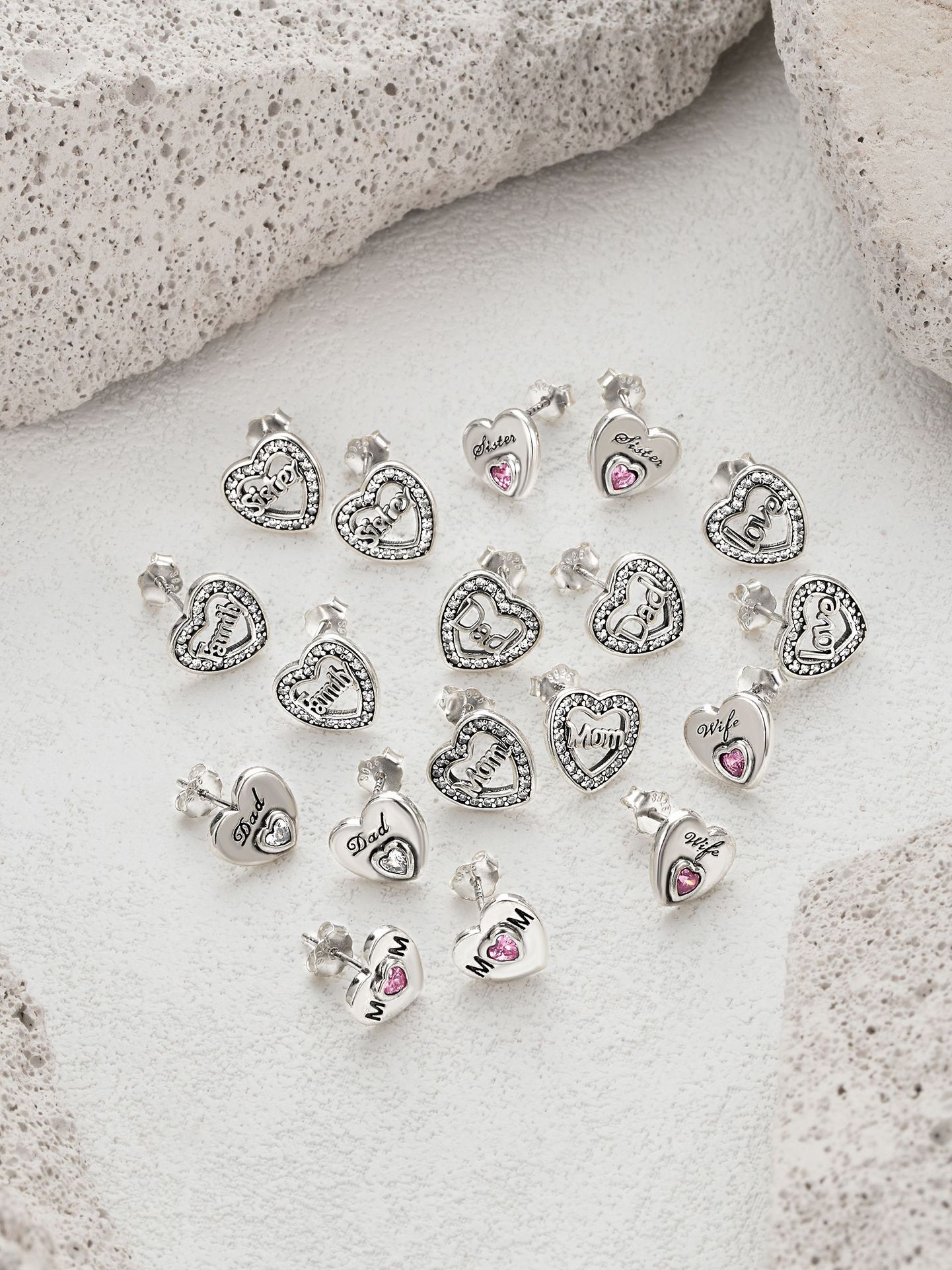 4g Weight Zircon Inlay Material Ear Studs Classification 1 Pair Quantity Daily, Festival Occasion 925 Sterling Silver Material Mother'S Day Festival Letter, Heart Shape Pattern Women's Gender Plating, Inlay Design Simple Style Style 1 Pair 925 Sterling Silver Zircon Letter Heart Shape Ear Studs 10