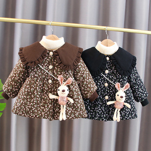 New Girls' Cotton-padded Coat Printed Cotton-padded Coat for Baby Girls Single-breasted Lapel Velvet-added Thickened Cotton-padded Coat for Children to Send Bear